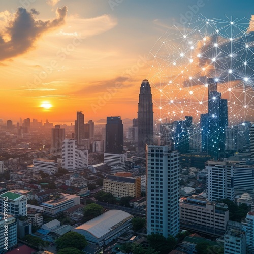 b'The sun sets over a city with a glowing network of connections in the sky' © Adobe Contributor