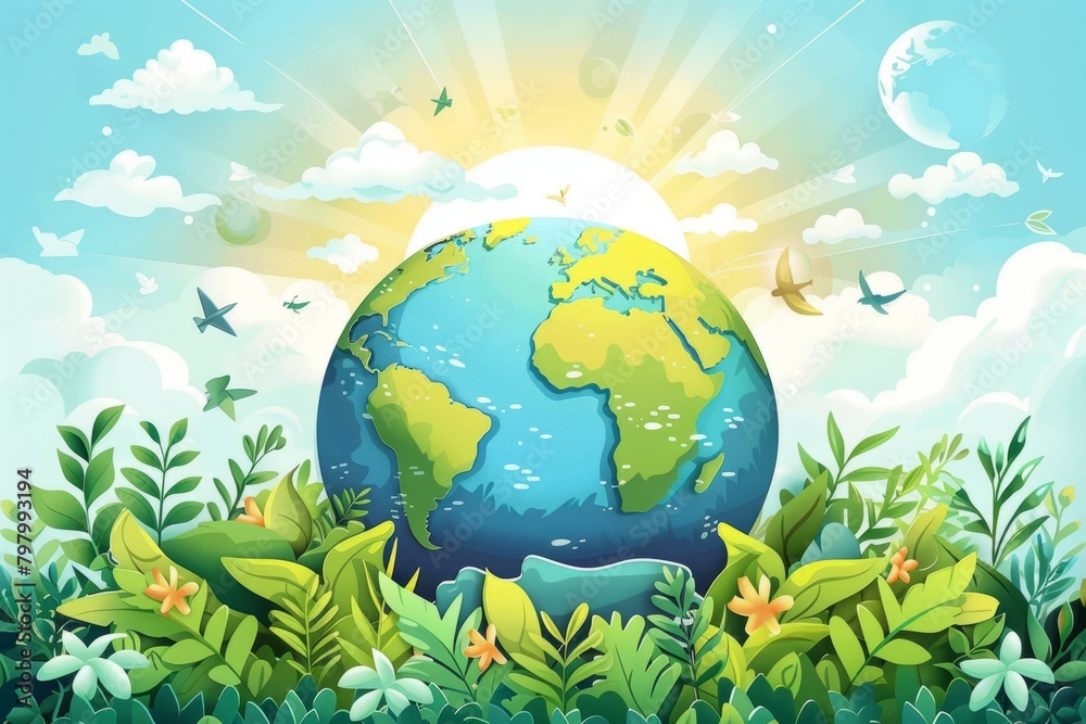 b'Green Earth Day Illustration with Plants and Animals' b'Green Earth Day Illustration with Plants and Animals'