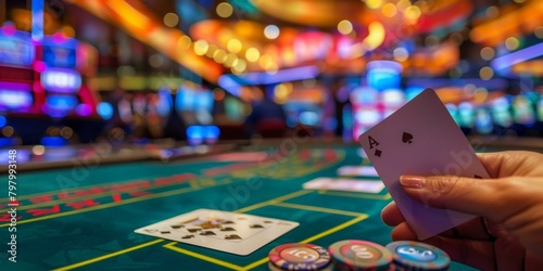 b'A person holding an ace of spades playing card in a casino' photo