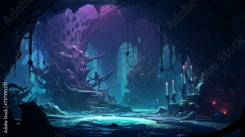 b'fantasy magic dark cave lair glowing mushrooms throne' photo