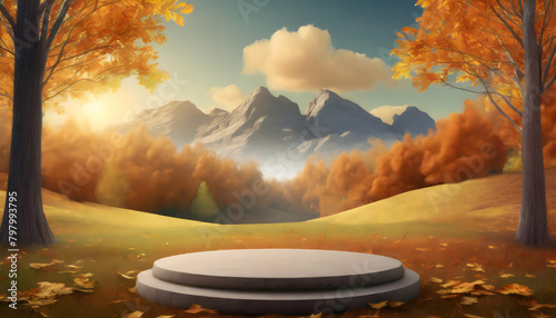3D Landscape scene in the autumn with a podium background on digital art concept, Generative AI.