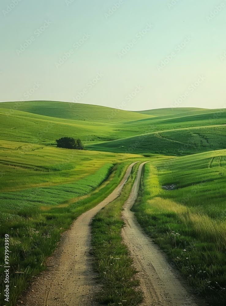 b'Scenic view of a rural road passing through a lush green hilly field'