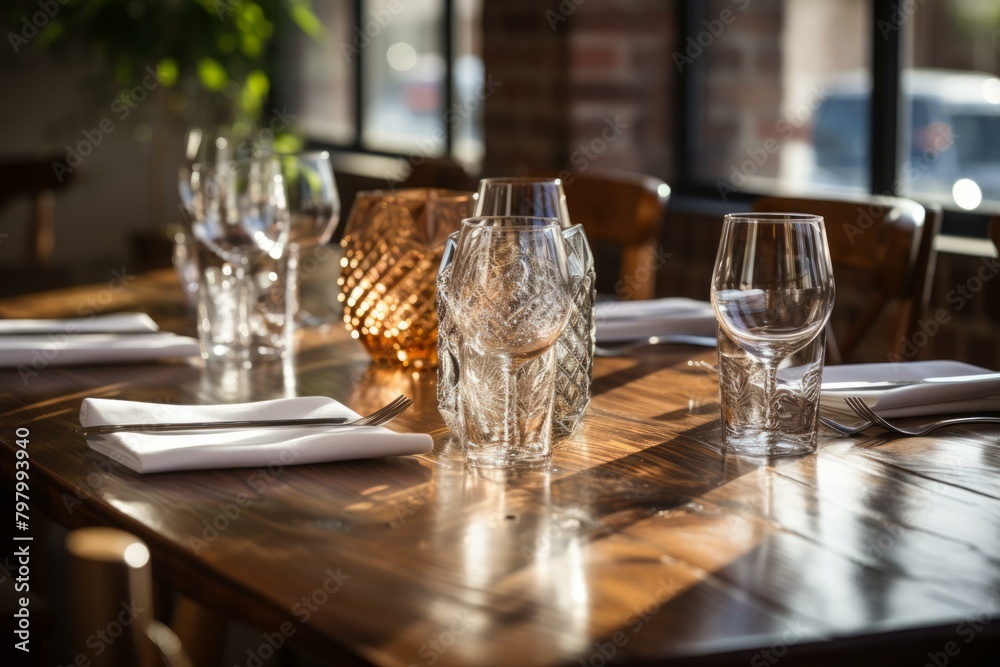 b'Elegant restaurant table setting with wine glasses and sunlight'