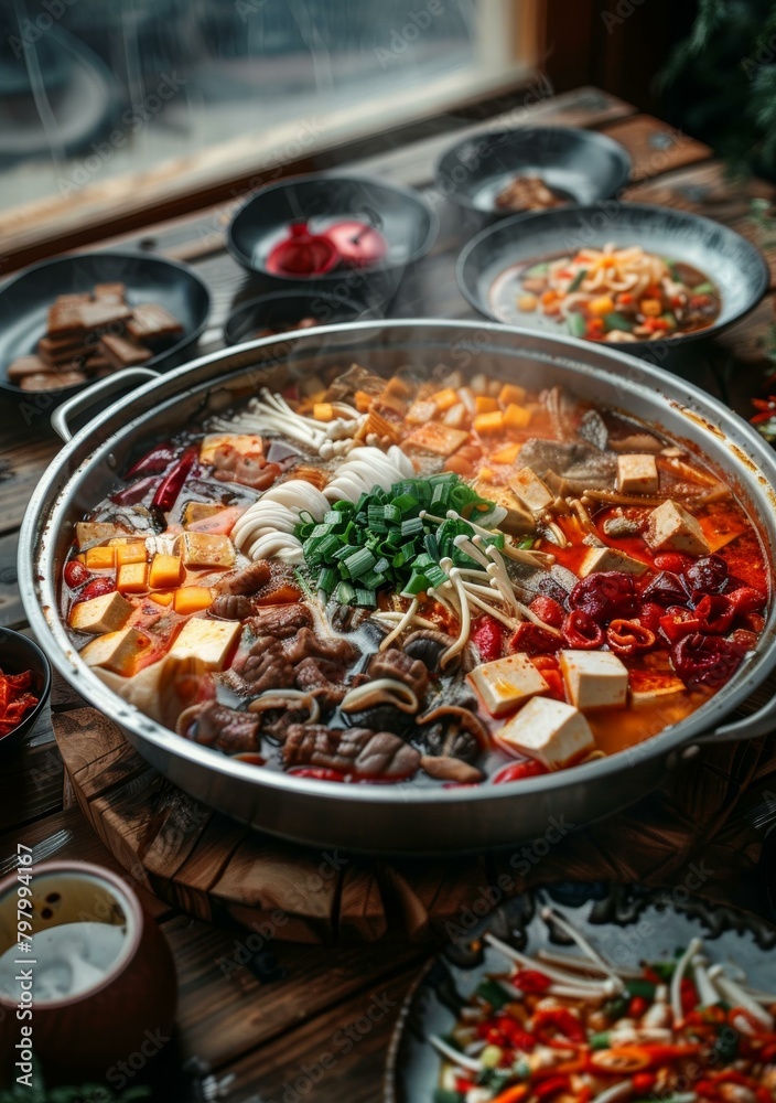 A large pot of mala hotpot with various ingredients