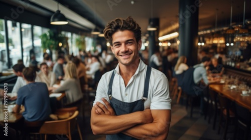 b'Portrait of a Smiling Waiter in a Busy Restaurant'