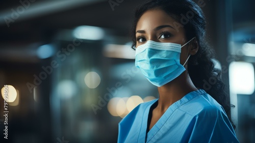 b'Portrait of a young female doctor wearing a surgical mask'