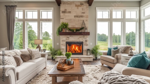 b'Bright and Airy Living Room With Fireplace'