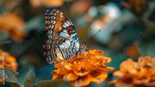A black and white butterfly is perched on a bright orange flower. The flower has a yellow center with white petals. The butterfly has its wings spread open and is facing the camera. The background is 