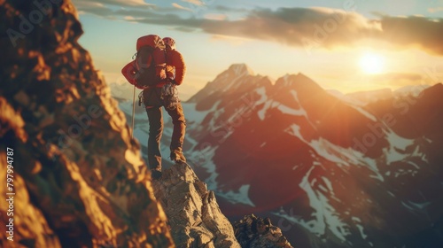 b'Mountaineer on the summit of a mountain watching the sunset'