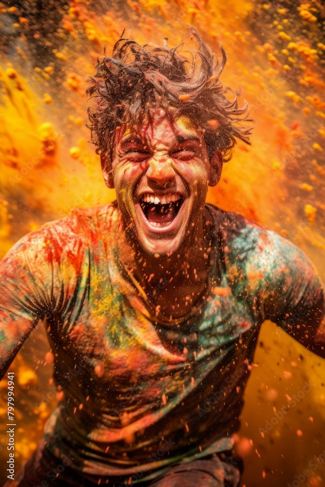b'Ecstatic Indian man covered in colorful powder during the Holi festival' b'Ecstatic Indian man covered in colorful powder during the Holi festival'
