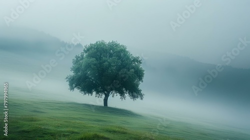 b'Solitary Oak Tree in a Misty Field' photo