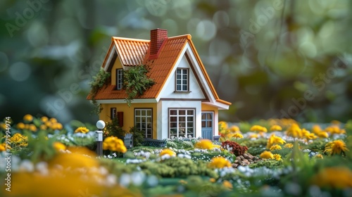 b'A miniature house in a field of flowers'