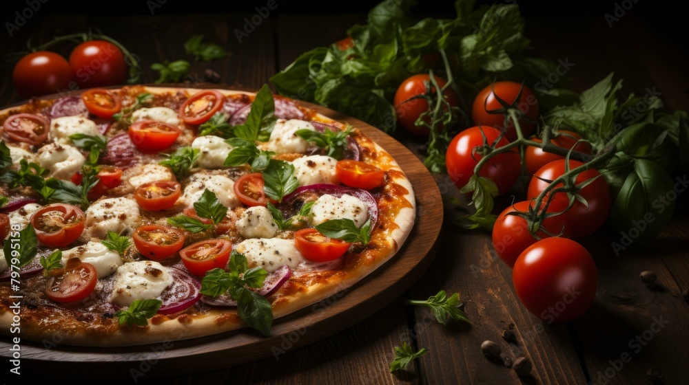 b'A delicious pizza with fresh tomatoes, mozzarella cheese, and basil'
