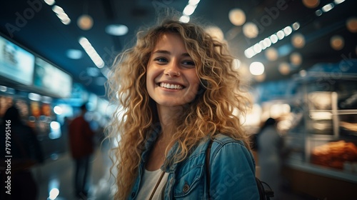 b'Portrait of a smiling young woman with curly blond hair wearing a blue denim jacket'