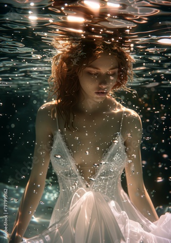 Redhead woman in a white dress floats underwater with her eyes closed