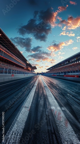 Formula One race track with empty grandstands at sunset