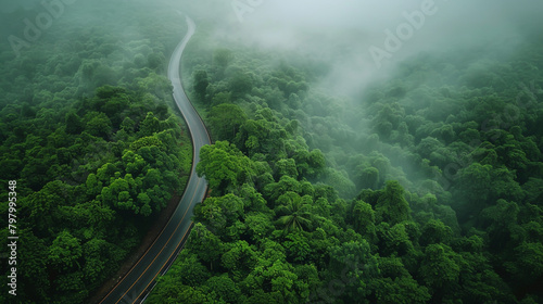 Captivating aerial view of winding road through vibrant monsoon rainforest scenery.