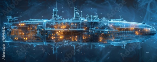 Intricate blue digital illustration of a submarine with internal views