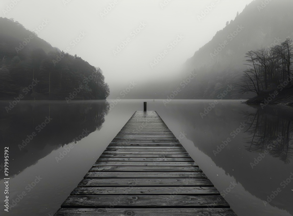 Fototapeta premium b'Wooden dock extending into calm lake with dense fog in the morning'