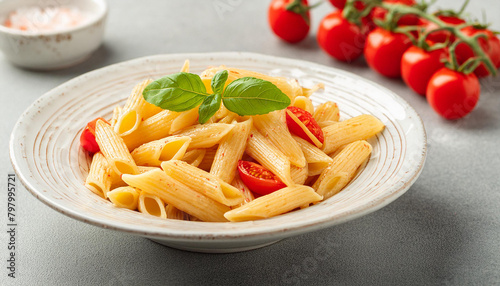 Close-up plate of penne pasta with tomatoes and basil. Delicious Italian meal. Tasty dish.
