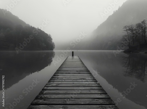 b'Wooden dock extending into calm lake with dense fog in the morning' photo