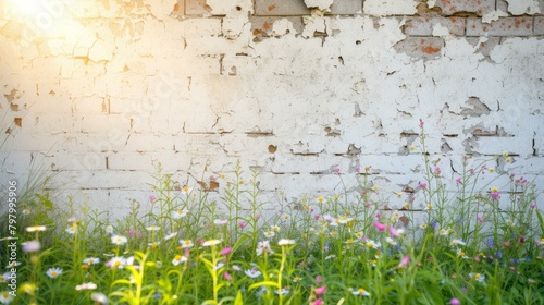 b'Weathered white concrete wall with blooming flowers in front of it' photo