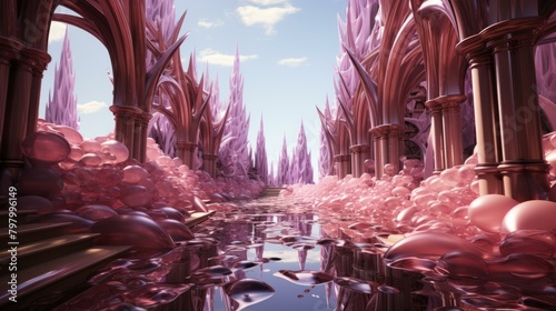 b'Pink alien landscape with a river running through it'