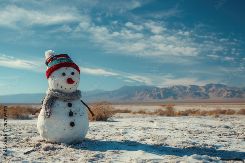 Obraz premium A symbolic snowman melting in the desert, representing environmental change, with mountains, clouds, and sky in the background.