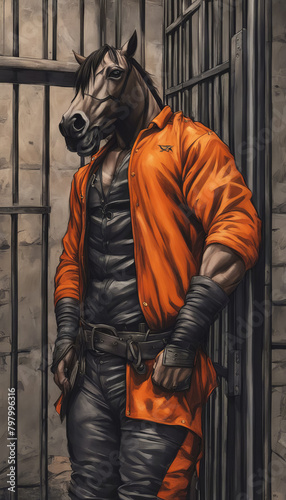 Surrealistic image of a horse in an orange jacket and leather pants, standing by metal gates