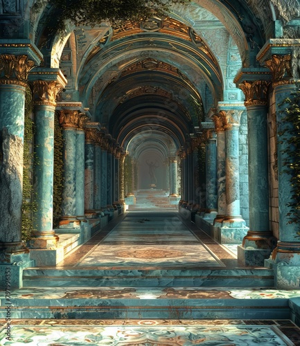 ornate hallway with marble columns and tiled floor