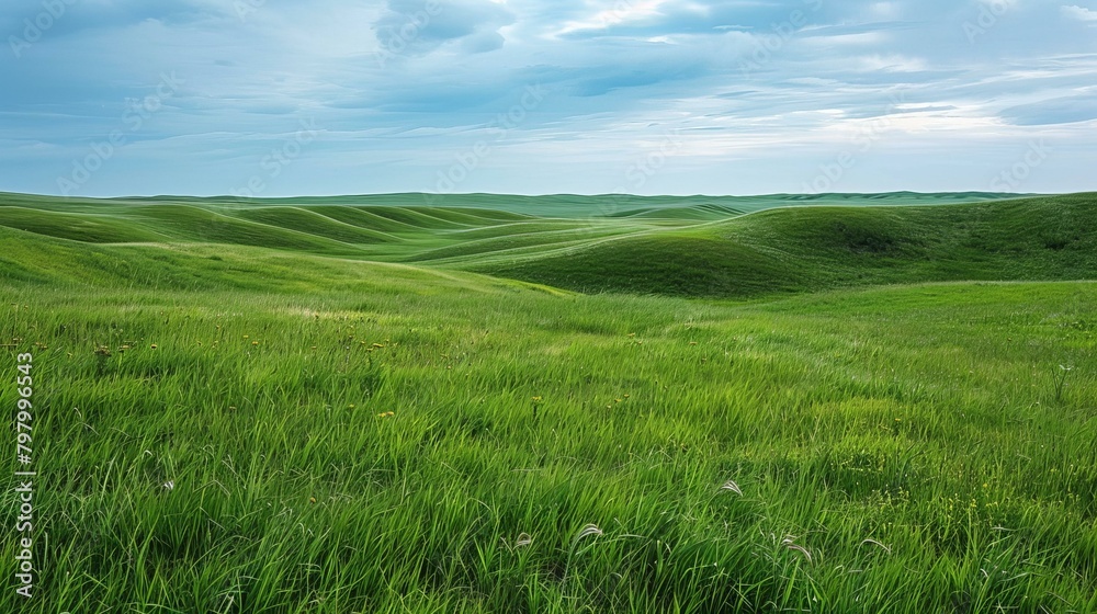 b'Vast green rolling hills under a blue sky with white clouds'