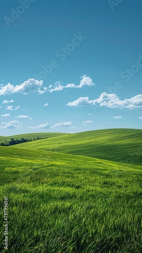 b Green rolling hills under blue sky and white clouds 