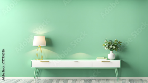 A white and green room with a white dresser and a vase of flowers on top of it