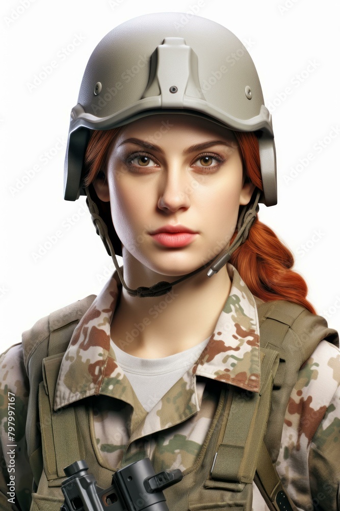 b'Portrait of a female soldier wearing a combat helmet'