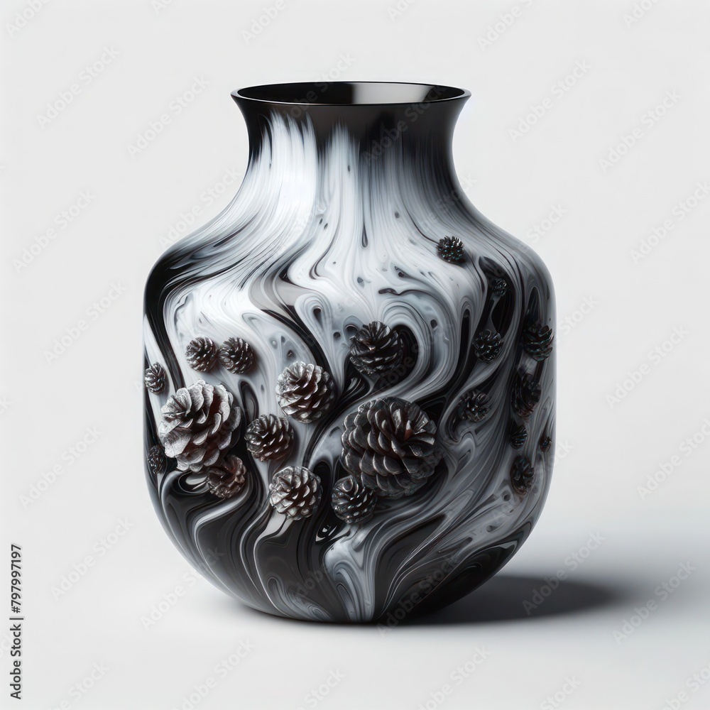 A beautiful shiny polished hybrid vase with a smooth surface made with black and white resin and pine cones on white background