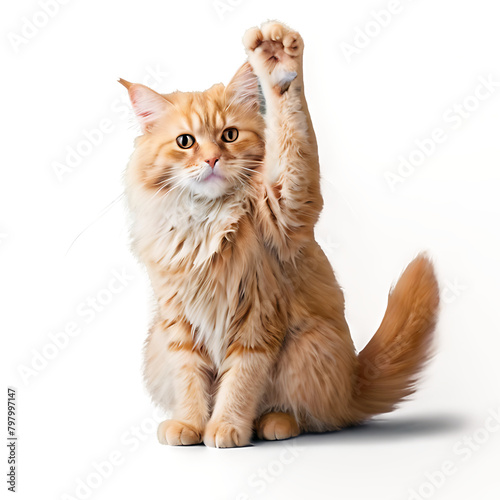 Cute adult fluffy red cat sitting and raised its front paws up, imitation of holding any object, animal isolated on a white background ,PNG,AI GENERATED