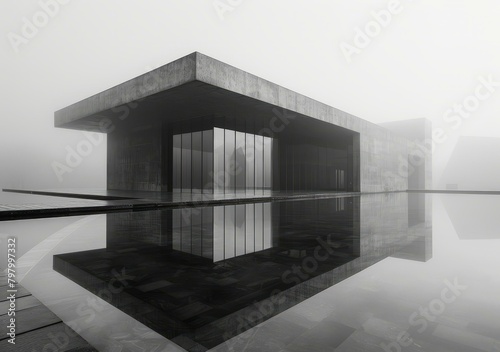 b'Black and white photo of a modern building with a reflecting pool'