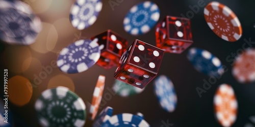 Red and Blue Casino Chips and Red Dice Falling photo