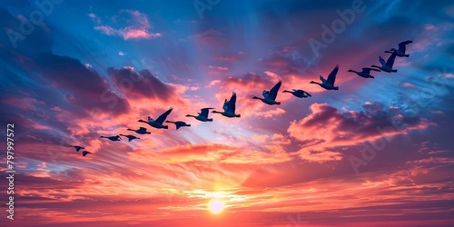 b'A flock of geese flies across a beautiful sunset sky.' photo