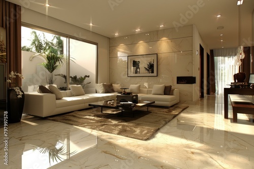 b'Bright and Airy Living Room With White Marble Floors' photo