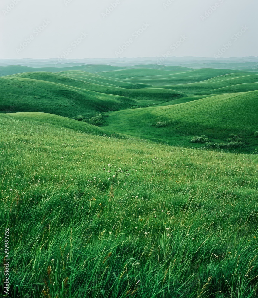 b'Green rolling hills of the steppe landscape'