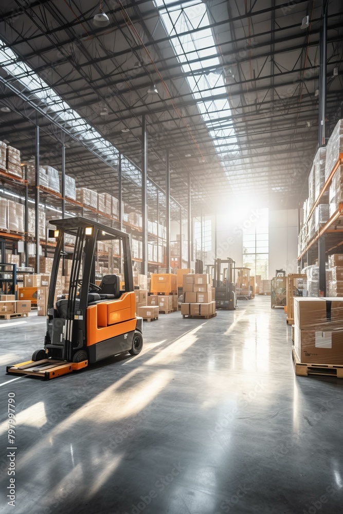b'A large warehouse with forklifts and shelves full of boxes'