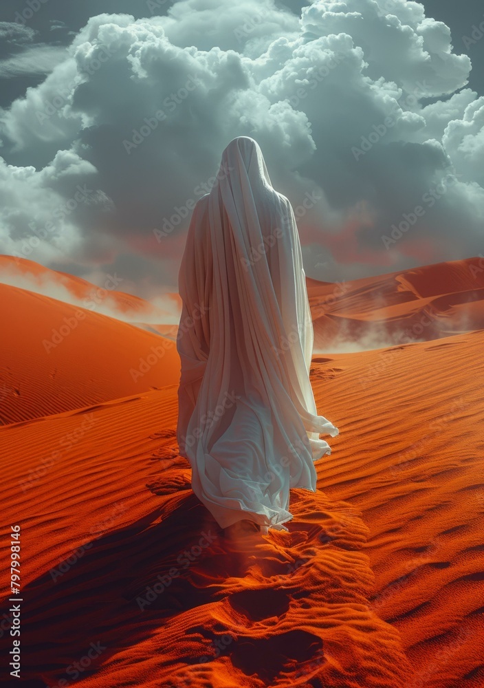 b'A figure in white robes walks through a desert landscape' b'A figure in white robes walks through a desert landscape'