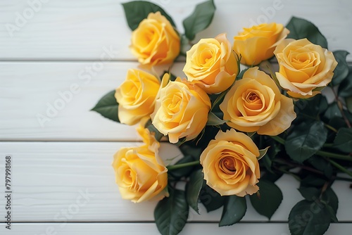 yellow rose flowers bouquet on white wooden background