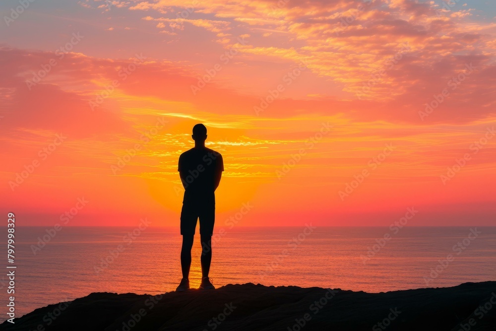 b'Man standing alone on a cliff watching the sunset over the ocean' b'Man standing alone on a cliff watching the sunset over the ocean'