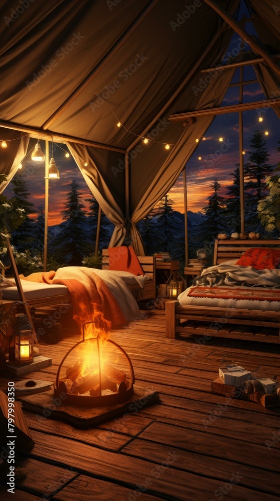 b'Cozy camping tent with a view of the mountains and trees'