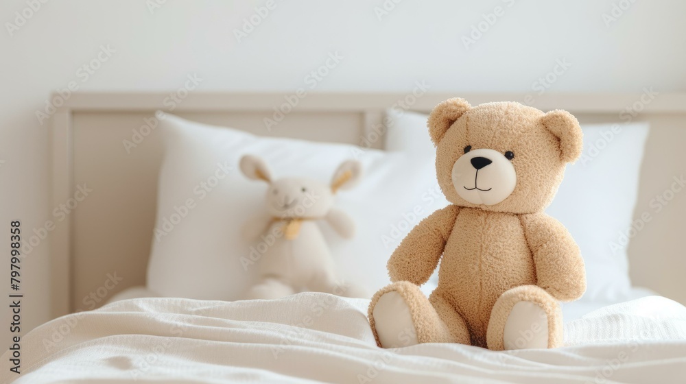 b'A cute teddy bear sitting on a bed with a bunny in the background'