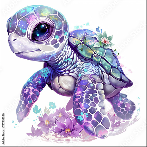 Kawaii sea turtle with lilies. Lilac color. Beach Animal. Sticker photo