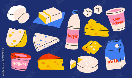 Set of dairy products. Milk, kefir, cheese, yogurt, butter and sour cream. Different types of cheese.