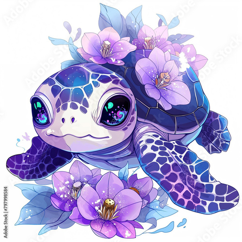 Kawaii sea turtle with lilies. Lilac color. Beach Animal. Sticker photo